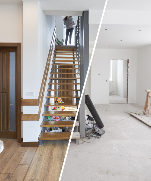 Two photos side by side of a house and a staircase